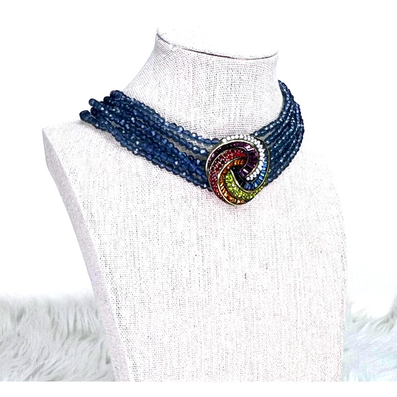 Heidi Daus Multi Strand Blue Beaded Collar Necklace Swarovski Crystal Pendant - Picture 2 of 5